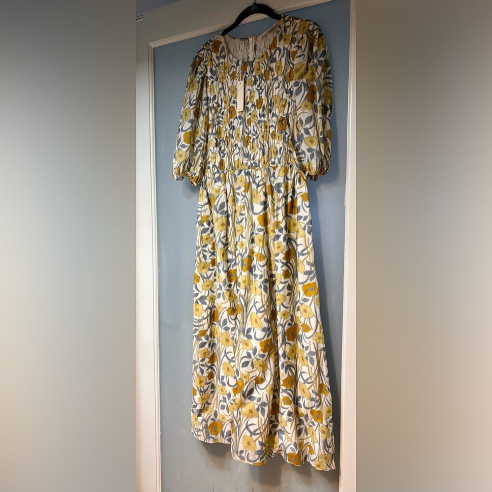 Rebecca Taylor white yellow gray floral Puff Sleeve Midi Dress – Size L